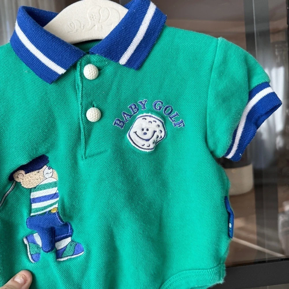 Vintage Baby Golf teddy bear embroidered polo onesie boys kelly short sleeve
